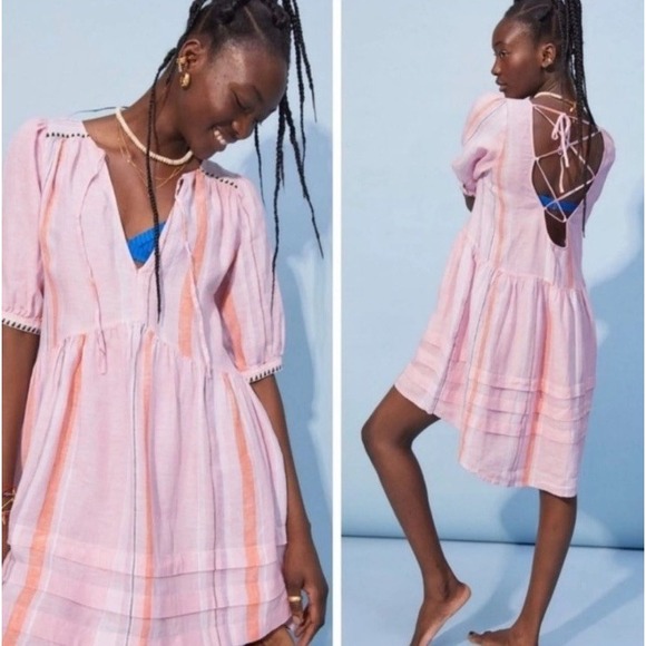 Lemlem Dresses & Skirts - LEMLEM x H&M Pink Stripe Linen Dress L Puff Sleeve Beach Summer